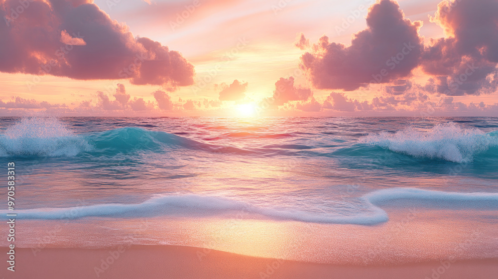 A beautiful sunset over the ocean with a wave in the water. The sky is pink and orange, and the water is calm. The scene is peaceful and serene, and it evokes a sense of relaxation and tranquility A beautiful sunset over the ocean with a wave in the water. The sky is pink and orange, and the water is calm. The scene is peaceful and serene, and it evokes a sense of relaxation and tranquility