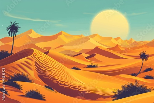 Golden sand dunes and palm trees under a bright sun in a stunning desert landscape during daytime