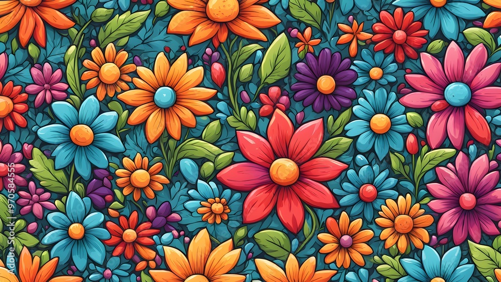 A seamless pattern of colorful flowers on a blue background. A seamless pattern of colorful flowers on a blue background.