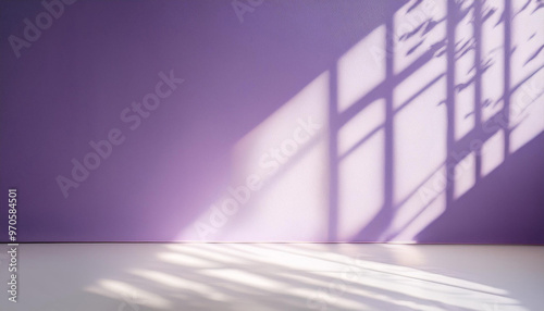 Wall interior background, studio and backdrops show products. with shadow from window color white and purple. background for text insertion and presentation product