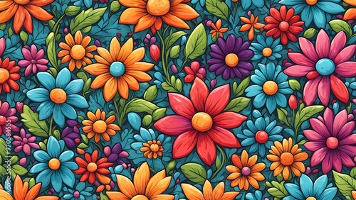 A seamless pattern of colorful flowers on a blue background.