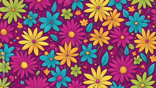 A vibrant seamless pattern of colorful flowers on a magenta background.