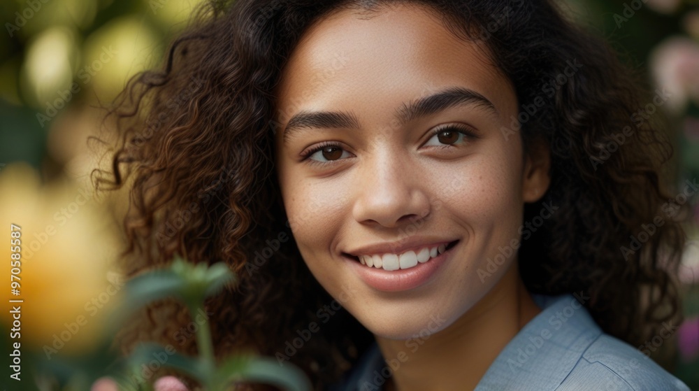 A happy young woman of mixed race at the garden A happy young woman of mixed race at the garden