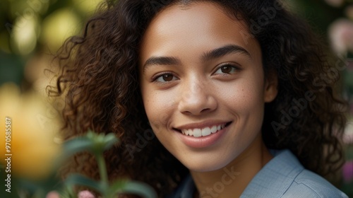 A happy young woman of mixed race at the garden