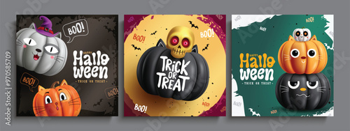 Halloween pumpkins characters vector poster set design. Trick or treat halloween greeting text with cat pumpkins characters for party card collection. Vector illustration spooky template design. 

