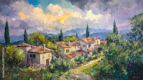 A picturesque village nestled among rolling hills and lush greenery, bathed in the warm glow of a setting sun. The scene is captured in a painterly style with vibrant colors and a sense of peace.