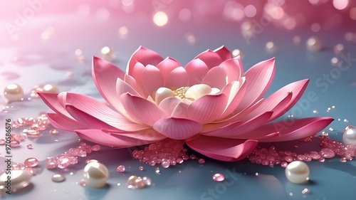 Pearls floating on a sparkling background in a lotus pink light. bud-filled lotus bloom up close. Picture for invites to a wedding. three-dimensional rendering
 photo