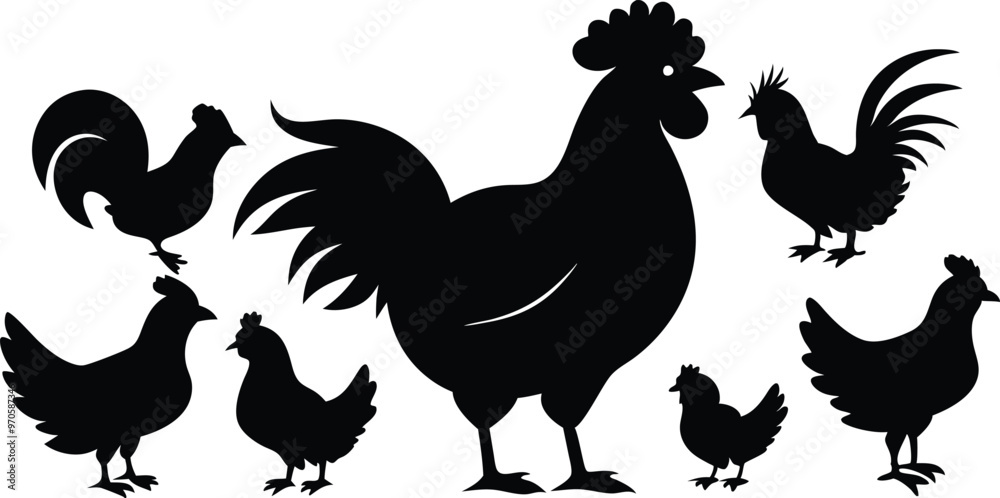 Fototapeta premium silhouettes of rooster and hens in various poses vector illustration silhouette, Print