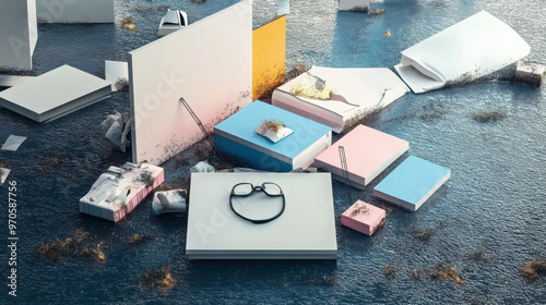 image depicts surreal scene with various objects scattered on waterlogged surface, including colorful papers and pair of glasses, evoking sense of chaos and disruption photo