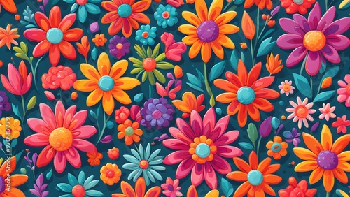 Wallpaper Mural A vibrant seamless pattern featuring colorful flowers on a dark blue background. Torontodigital.ca