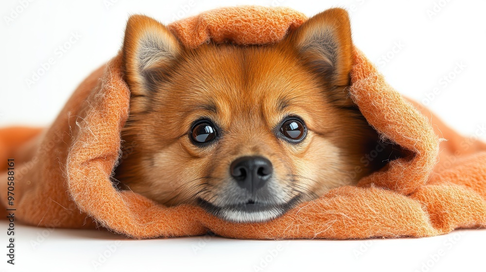A fluffy dog in a ghost costume, looking playful, isolated on a white background