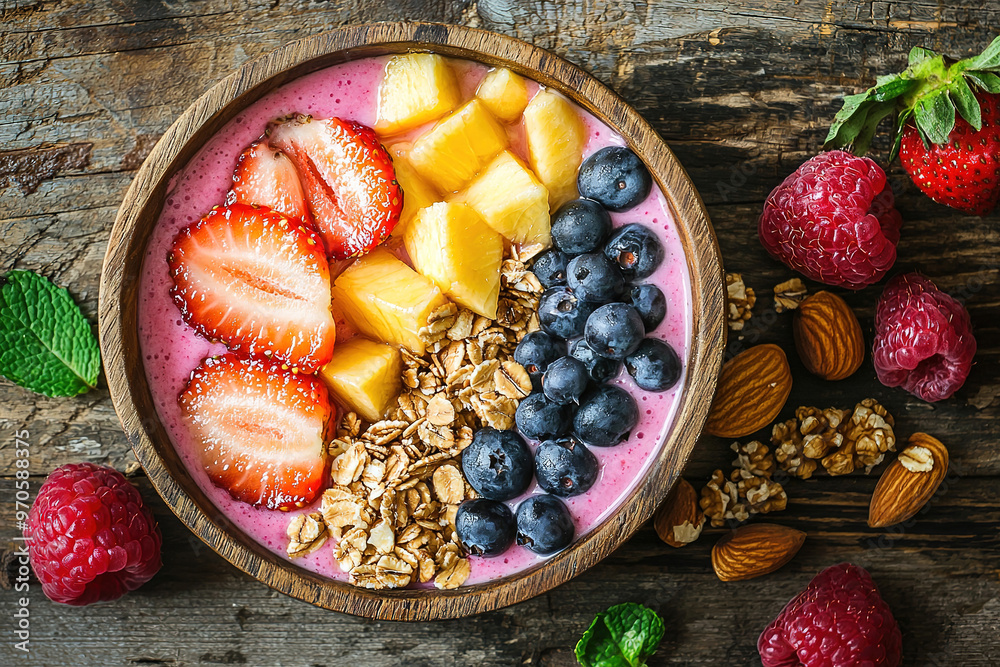 A healthy smoothie bowl with fresh fruits and nuts on a wooden table A healthy smoothie bowl with fresh fruits and nuts on a wooden table