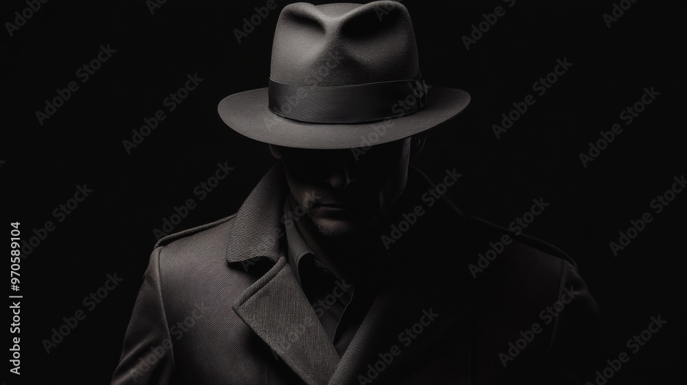 Mysterious Detective in Shadowy Silhouette wears a Fedora Hat and Trench Coat on black background Mysterious Detective in Shadowy Silhouette wears a Fedora Hat and Trench Coat on black background