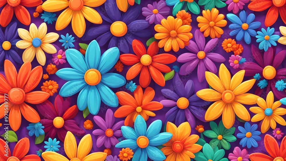 Fototapeta premium A seamless pattern of colorful cartoon flowers on a purple background.