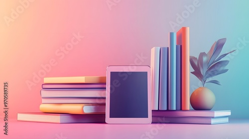 A minimalistic education background with a soft gradient, abstract books, and digital tablets with educational apps
