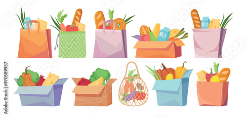 Grocery bags and carts. Shopping basket, paper and plastic packages, eco bag with organic food. Supermarket goods and groceries vector set. Illustration basket bag and cart with food, white background