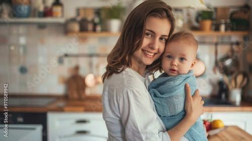 A woman with shoulder - length hair wearing a white shirt and jeans is standing in a kitchen, holding a baby in her arms. The baby is wrapped in a blue blanket and looking inquisitively at the camera