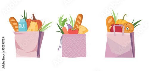 Reusable grocery bags. Cartoon eco shopping bags, zero waste bags with vegetables and fruits flat vector illustration set. No waste textile shopping bags on white background