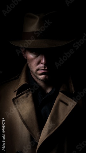 Mysterious Detective in Shadowy Silhouette wears a Fedora Hat and Trench Coat on black background