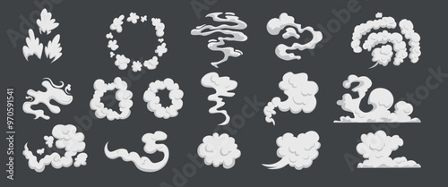 Cartoon comic book dust clouds, smoke puff stream cloud elements. Steaming dust, cloud puffs silhouettes vector symbols illustrations set. Smoke explosion clouds