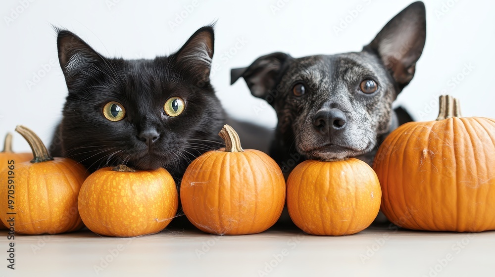 A Halloween scene with a black cat and a dog in costumes, surrounded by pumpkins, isolated on a white background A Halloween scene with a black cat and a dog in costumes, surrounded by pumpkins, isolated on a white background