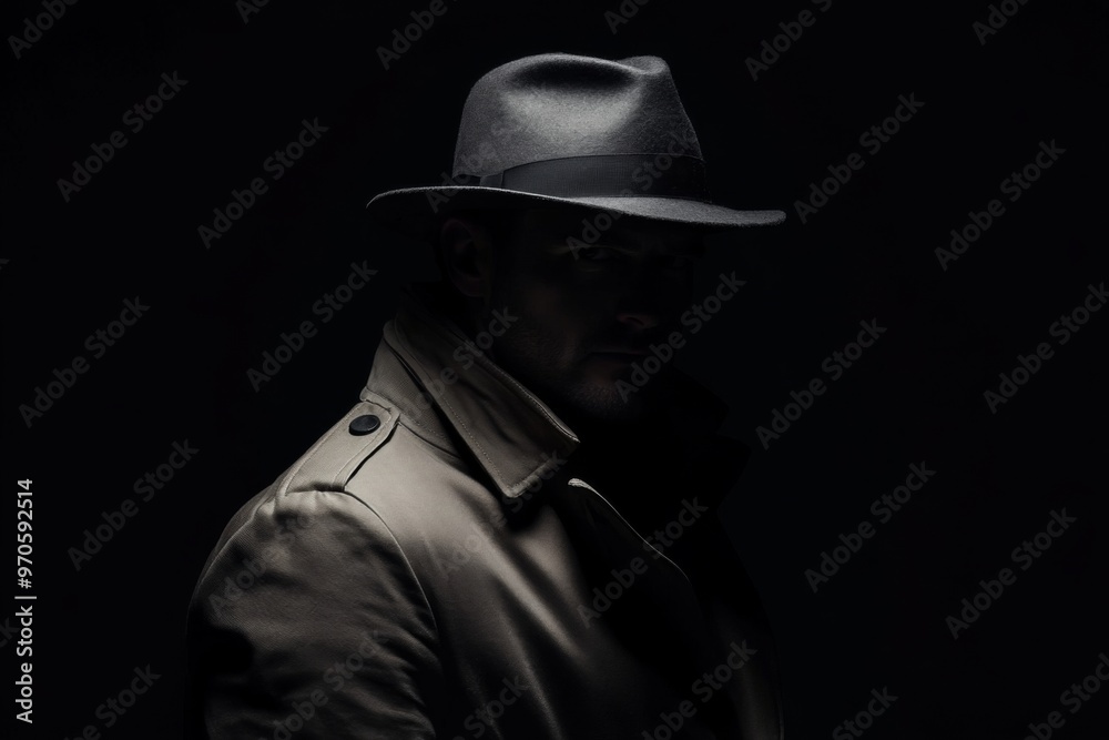 Mysterious Detective in Shadowy Silhouette wears a Fedora Hat and Trench Coat on black background Mysterious Detective in Shadowy Silhouette wears a Fedora Hat and Trench Coat on black background