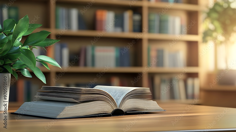 Open Book on a Wooden Table with a Bookcase in the Background Open Book on a Wooden Table with a Bookcase in the Background