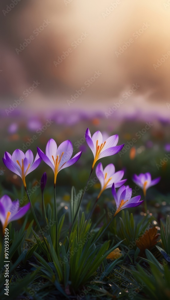 A serene and eerie misty autumn morning scene set in a lush field of vibrant autumn crocuses, with delicate purple petals and yellow anthers swaying gently in the morning breeze, against a soft, diffu A serene and eerie misty autumn morning scene set in a lush field of vibrant autumn crocuses, with delicate purple petals and yellow anthers swaying gently in the morning breeze, against a soft, diffu