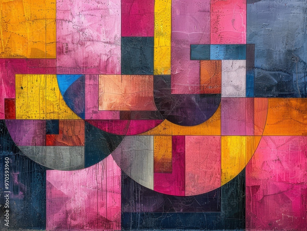 Naklejka premium Abstract art with vibrant colors, featuring geometric shapes and bold lines.