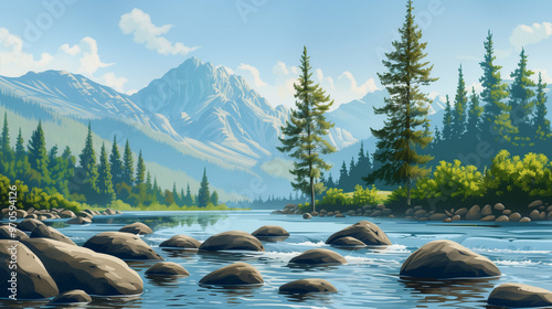 Serene Mountain River Scene with Clear Water and Rounded Rocks, Under Blue Sky