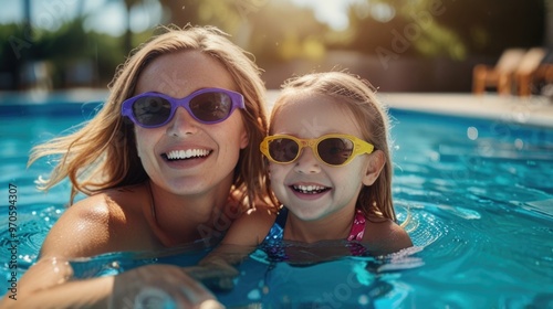 Happy smiling American Mom and daughter playing in the swimming pool