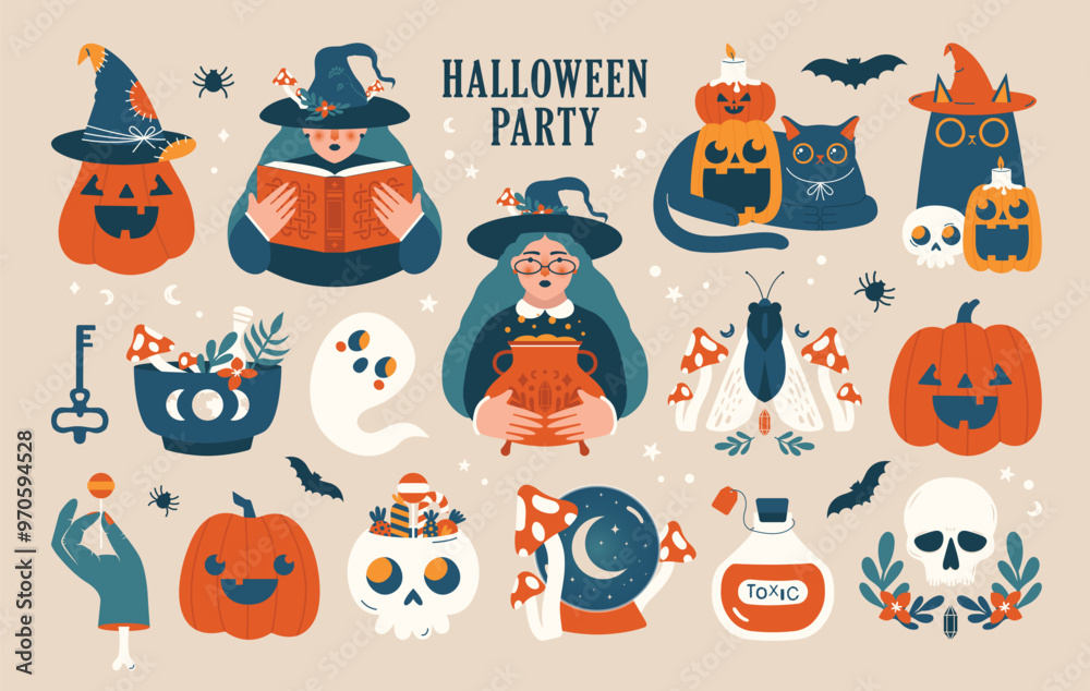 Fototapeta premium Collection of Halloween illustrations. Cartoon cute clip arts with black cat in witch hat, skull, pumpkins, ghost, hand with bone, crystal ball. Witches with magic old book and cauldron with potion
