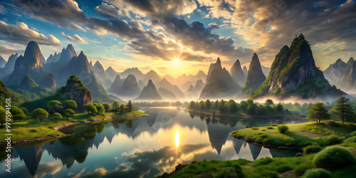 Golden Hour Serenity: Majestic mountains silhouette a tranquil lake at sunrise, their peaks piercing through a sky awash with golden hues and ethereal clouds. A serene and breathtaking landscape, perf photo