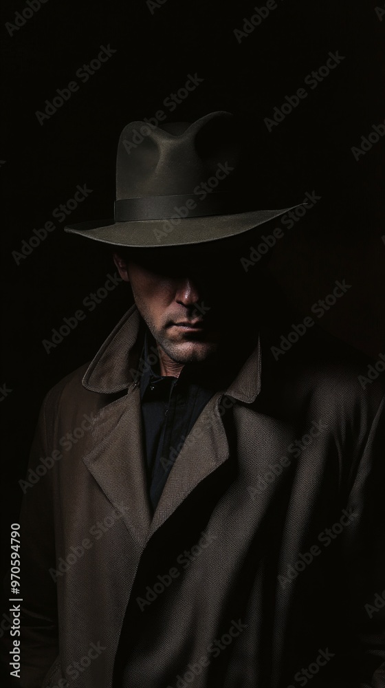 Shadowy silhouette of a man wearing a stylish hat and coat stands against a deep and dark background Shadowy silhouette of a man wearing a stylish hat and coat stands against a deep and dark background