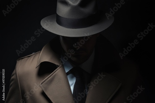 Shadowy silhouette of a man wearing a stylish hat and coat stands against a deep and dark background