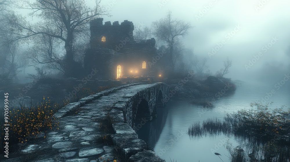 A spooky castle with a drawbridge and eerie lighting, perfect for Halloween themes, on a white background A spooky castle with a drawbridge and eerie lighting, perfect for Halloween themes, on a white background