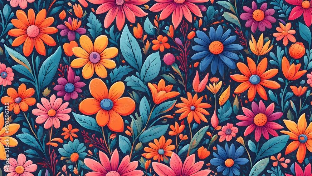 Seamless pattern of colorful flowers and leaves on a dark blue background. Seamless pattern of colorful flowers and leaves on a dark blue background.
