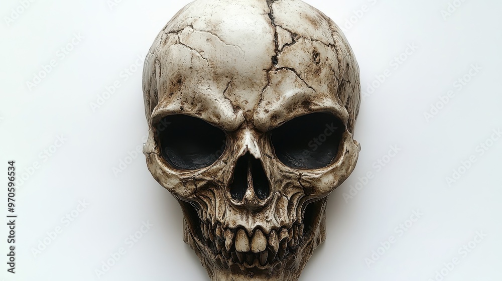 A spooky Halloween mask resembling a skull, with hollow eyes and sharp teeth, isolated on a white background A spooky Halloween mask resembling a skull, with hollow eyes and sharp teeth, isolated on a white background