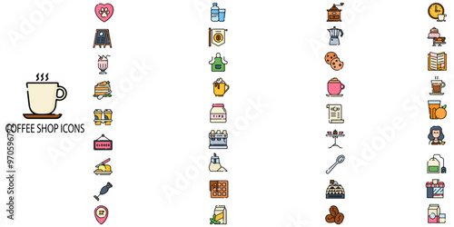 Coffee shop simple concept 36 colour icons set. Contains such Coffee machine, Spatula with coffee grain, Sugar stick packets, beans, turk, Espresso tonic, cup etc.Vector illustration.