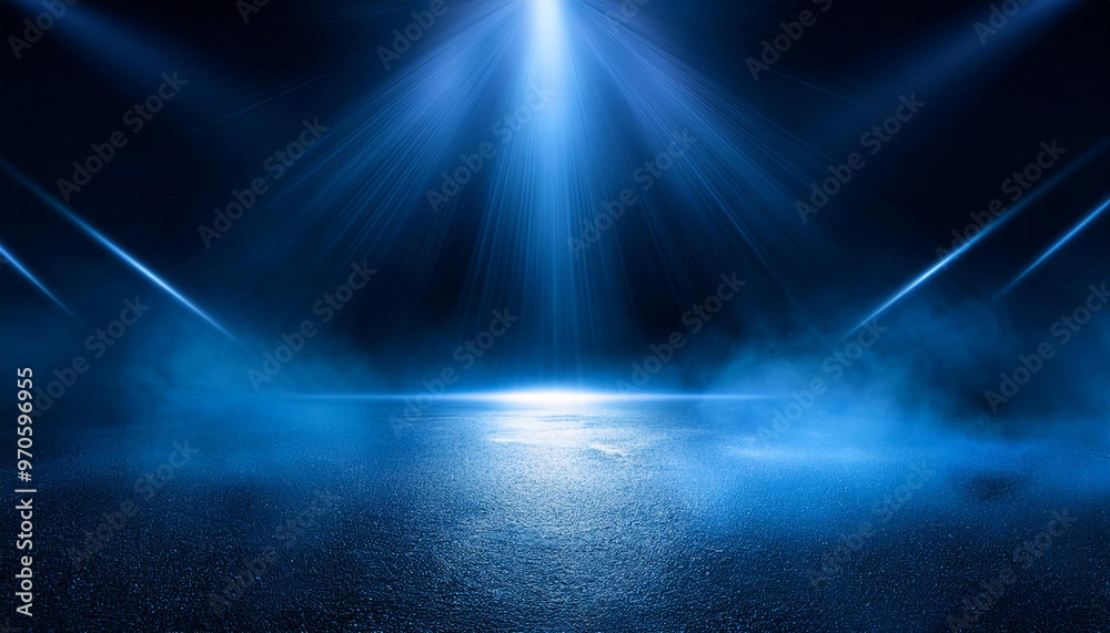 Rays, spotlights light. Empty dark scene with blue light. Asphalt blue dark street with smoke. and neon lights on background Rays, spotlights light. Empty dark scene with blue light. Asphalt blue dark street with smoke. and neon lights on background