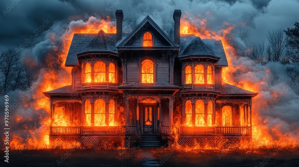 A spooky, haunted house with glowing windows and an eerie atmosphere, isolated on a white background A spooky, haunted house with glowing windows and an eerie atmosphere, isolated on a white background