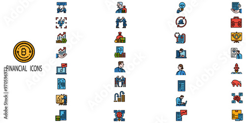 Financial simple concept 32 colour icons set. Contains such  loan, cash, saving, financial goal, profit, budget, mutual fund, earning money and revenue.Vector illustration.