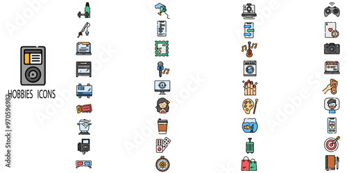 Hobbies simple concept 36 colour icons set. Contains such reading, gaming, gardening, photography, cooking, sewing, fishing .Vector illustration.