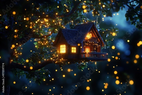 A treehouse suspended mid-air, surrounded by fireflies and softly glowing plants. 