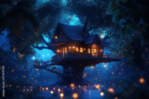 A treehouse suspended mid-air, surrounded by fireflies and softly glowing plants. 