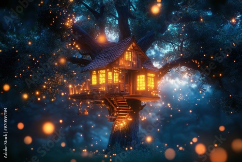 A treehouse suspended mid-air, surrounded by fireflies and softly glowing plants. 