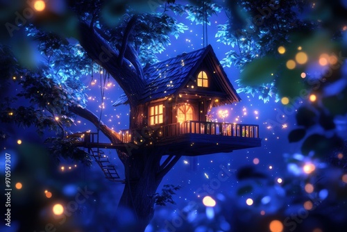 A treehouse suspended mid-air, surrounded by fireflies and softly glowing plants. 