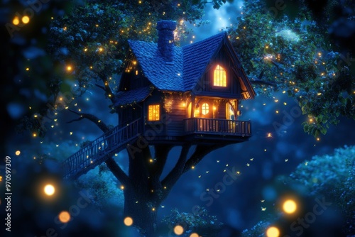 A treehouse suspended mid-air, surrounded by fireflies and softly glowing plants. 