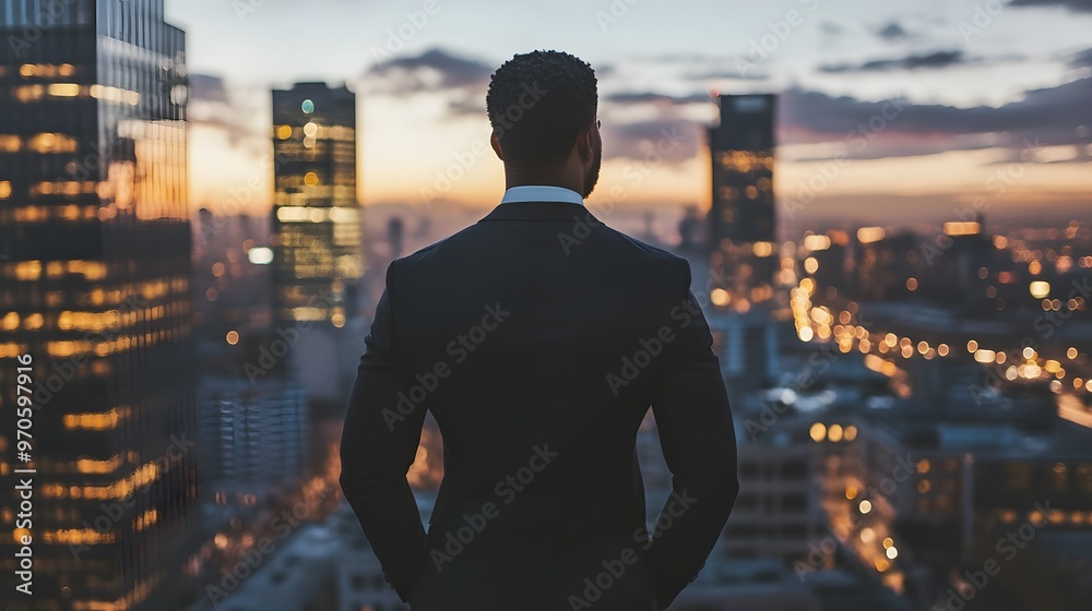 Businessman Silhouette Against City Lights at Dusk Businessman Silhouette Against City Lights at Dusk
