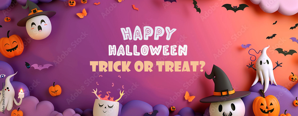 Fototapeta premium Happy halloween festival background design with pumpkin bats and spider trick or treat colorful decoration 